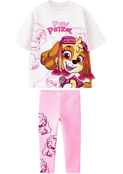 Kız Çocuk Paw Patrol Baskılı Saçak Detaylı Pamuklu Tshirt Tayt Alt Üst Takım