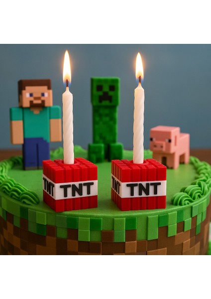 Minecraft Temalı 2’li Kırmızı Blok Tasarımlı Mumluk – Doğum Günü Pastası Için