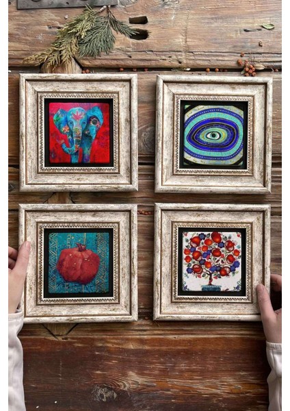 Renkli 20X20CM 4'lü Taş Tablo Seti, Nazar Göz ve Nar Ağacı Teması