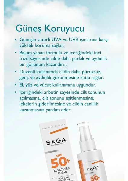 Baga Güneş Koruyucu Krem Spf 50+ Doğal Vegan Uva ve Uvb Işınlarına Karşı Koruma Güneş Kremi modelleri