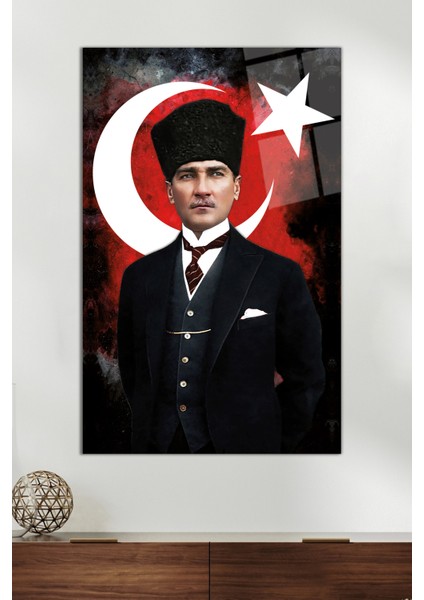 Atatürk ve Türk Bayrağı Cam Tablo, Modern Ev Ofis Dekoru, Hediyelik Duvar Dekorasyonu, Kırılmaz Cam