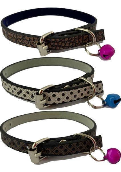 3'lü Zilli Deri Kedi Tasması 30 cm