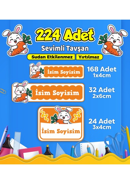 Sevimli Tavşan Temalı Okul Kreş Kişiye Özel Isim Etiket Seti - Model 574