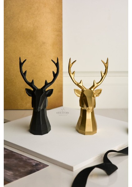 2 Li Set Geyik Figürlü Obje Tasarım Modern Dekoratif Hediyelik Biblo Siyah-Gold 16CM Altın Varak