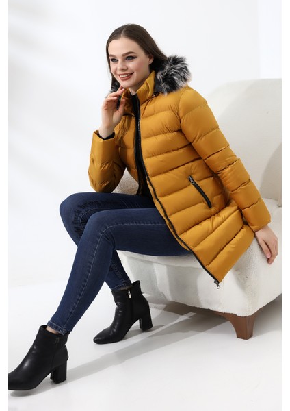 Kadın Kapüşonlu Fermuarlı Microjel Dolumlu Peluşlu Su ve Rüzgar Gecirmez Monta indirimleri