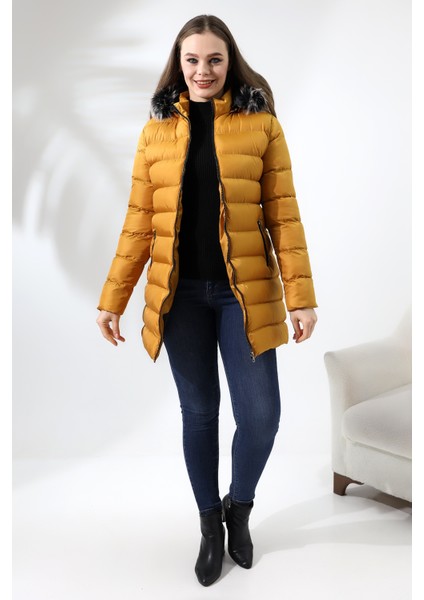 Kadın Kapüşonlu Fermuarlı Microjel Dolumlu Peluşlu Su ve Rüzgar Gecirmez Monta