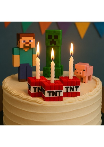 Minecraft Tnt Tasarımlı 3'lü Mumluk Seti – Doğum Günü Pastası ve Parti Süsü