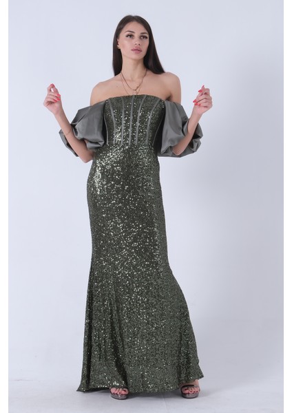 Haki Pul Payetli Balon Kol Abiye 9705296.23