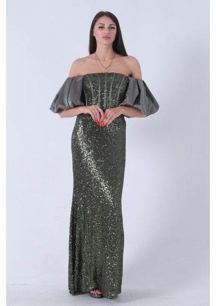 Haki Pul Payetli Balon Kol Abiye 9705296.23 modelleri