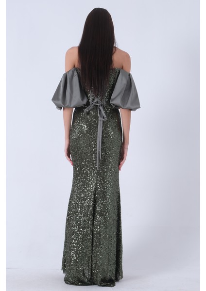 Haki Pul Payetli Balon Kol Abiye 9705296.23