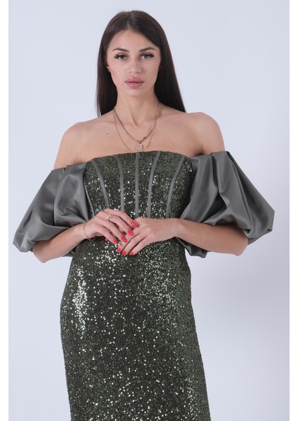 Haki Pul Payetli Balon Kol Abiye 9705296.23