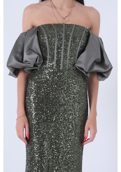 Haki Pul Payetli Balon Kol Abiye 9705296.23