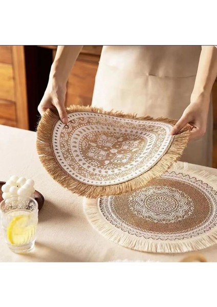 Doğal Jüt Yuvarlak Supla, Püsküllü Hasır Tabak Altlığı, Desenli, 1 Adet