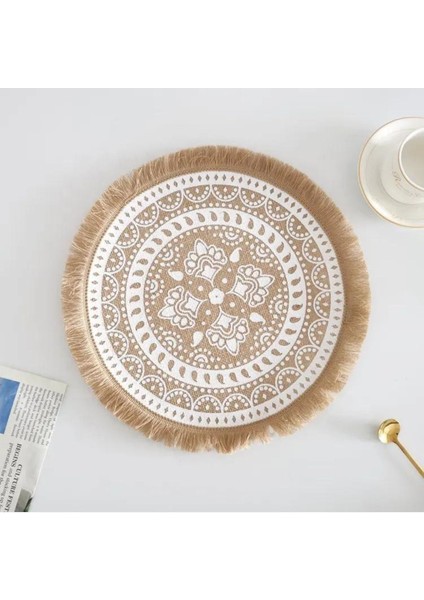 Doğal Jüt Yuvarlak Supla, Püsküllü Hasır Tabak Altlığı, Desenli, 1 Adet fiyatları