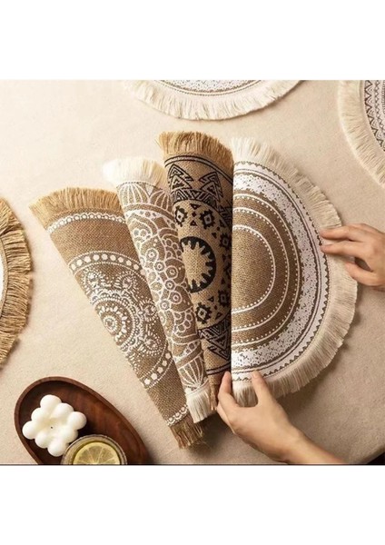 Doğal Jüt Yuvarlak Supla, Püsküllü Hasır Tabak Altlığı, Desenli, 1 Adet fırsatları