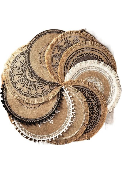 Doğal Jüt Yuvarlak Supla, Püsküllü Hasır Tabak Altlığı, Desenli, 1 Adet indirimleri