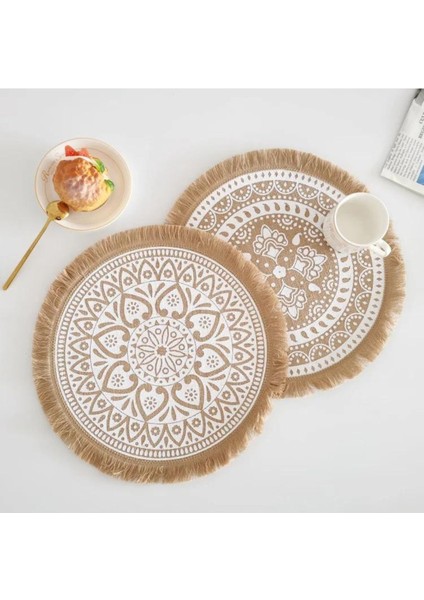 Doğal Jüt Yuvarlak Supla, Püsküllü Hasır Tabak Altlığı, Desenli, 1 Adet