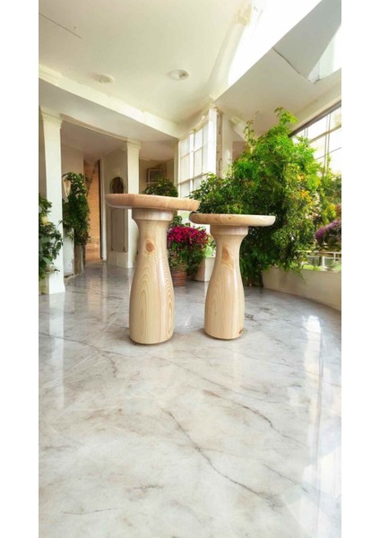 Mantar Sehpa 2li Set Ahşap Naturel Renk Yan Sehpa