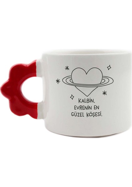 Kalbin,evrenin En Güzel Köşesi El Yapımı Krem Parlak Çiçek Kulp Kupa - El Işçiliği Hediyelik Kupa Bardak Mug