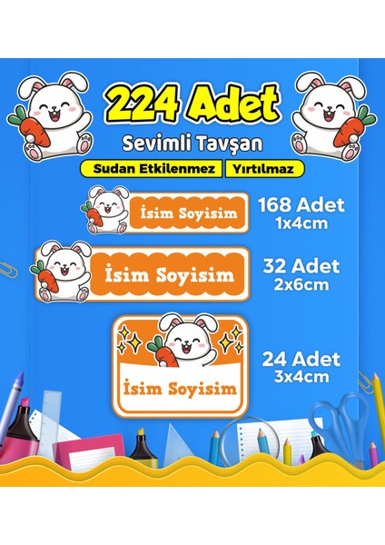 Sevimli Tavşan Temalı Okul Kreş Kişiye Özel Isim Etiket Seti - Model 571