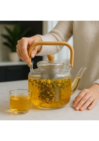 Bambu Saplı Cam Süzgeçli Cam Demlik Çay Bitki Çayı Demleme Isıya Dayanıklı Borosilikat 1000ML