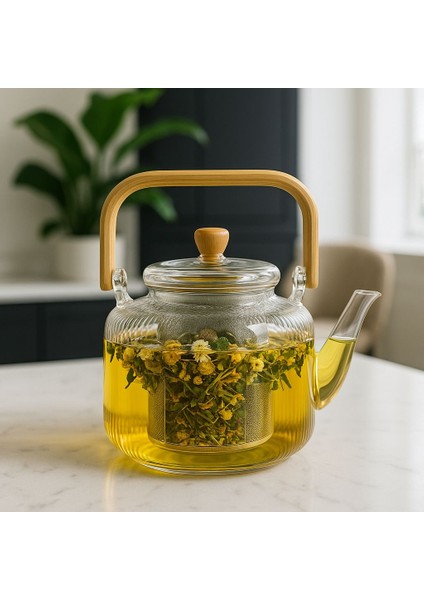 Bambu Saplı Cam Süzgeçli Cam Demlik Çay Bitki Çayı Demleme Isıya Dayanıklı Borosilikat 1000ML fiyatları