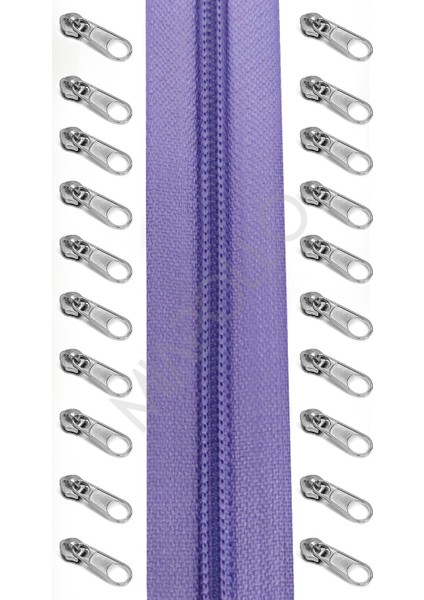 T5 Plastik Diş Fermuar Açık Mor Fermuar ve Başlık 10MT Fermuar 20 Adet Başlık