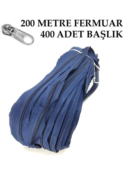 T5 Plastikdiş Fermuar Lacivert Fermuar ve Başlık (200 mt Fermuar 400 Adet Başlık)
