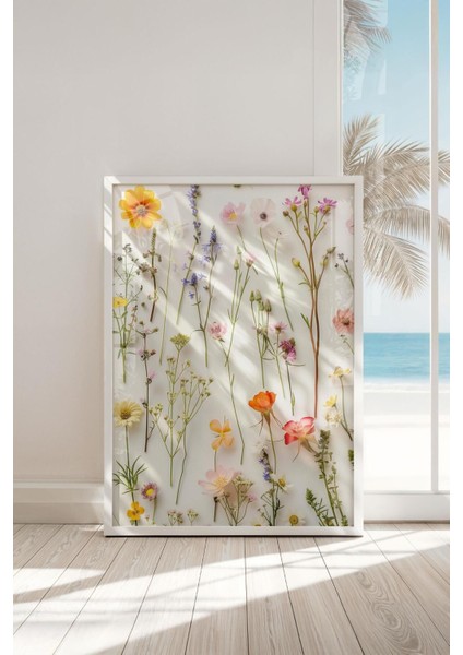 Renkli Kurutulmuş Çiçekler ile Modern ve Şık Duvar Dekoru, Beyaz Çerçeveyle Tamamlanmış fiyatları