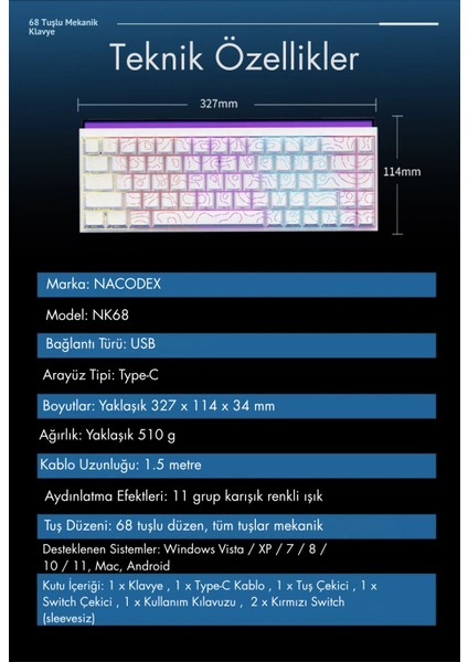 Nacodex NK68 Desenli Kablolu Ergonomik Mekanik Oyuncu Klavyesi-Ambiyans Aydınlatmalı