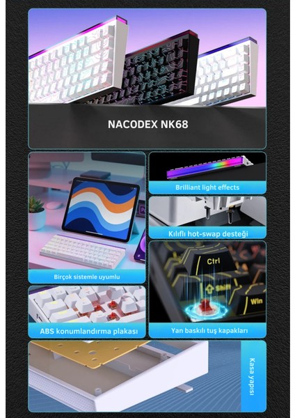 Nacodex NK68 Desenli Kablolu Ergonomik Mekanik Oyuncu Klavyesi-Ambiyans Aydınlatmalı