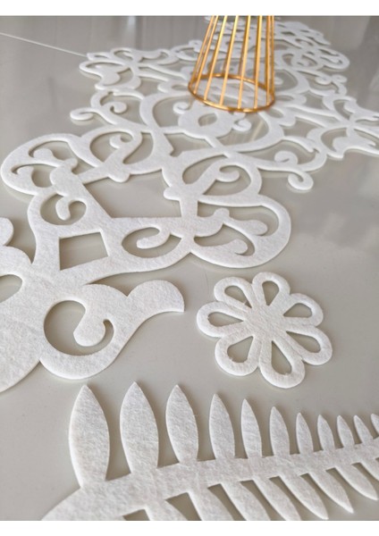 Ekru Keçe Masa Runnerı, Yaprak ve Çiçek Motifleri, 97X45.5 Cm, Hediye Seti fiyatları