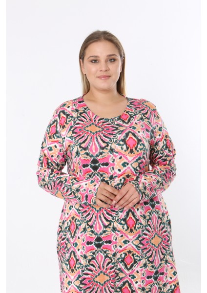 Kadın Büyük Beden Desenli Velikralı Viskon Kumaş Elbise fiyatları