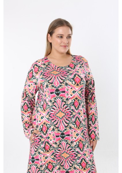 Kadın Büyük Beden Desenli Velikralı Viskon Kumaş Elbise fırsatları