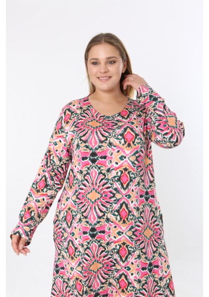 Kadın Büyük Beden Desenli Velikralı Viskon Kumaş Elbise indirimleri
