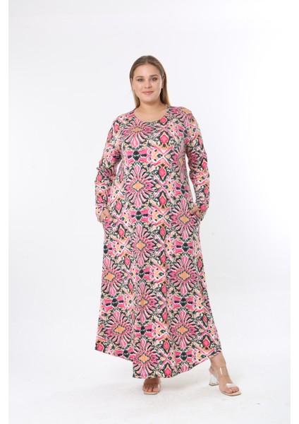 Kadın Büyük Beden Desenli Velikralı Viskon Kumaş Elbise