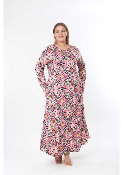 Kadın Büyük Beden Desenli Velikralı Viskon Kumaş Elbise