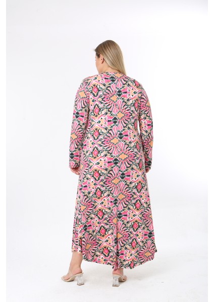 Kadın Büyük Beden Desenli Velikralı Viskon Kumaş Elbise