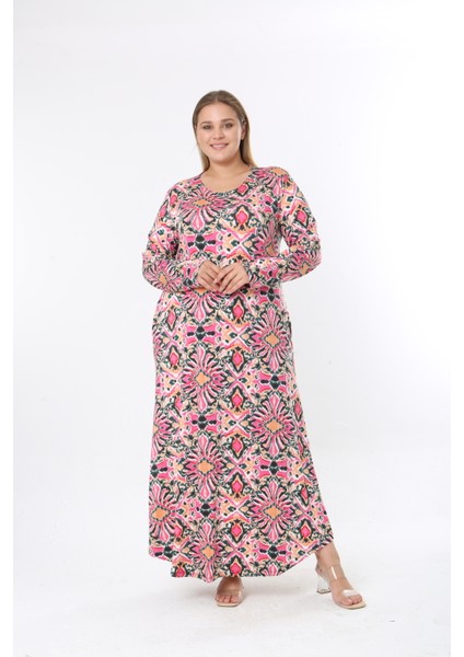 Kadın Büyük Beden Desenli Velikralı Viskon Kumaş Elbise