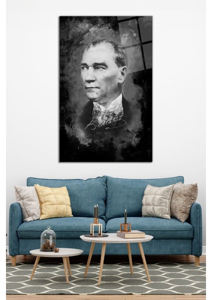 Siyah Beyaz Mustafa Kemal Atatürk Imzalı Cam Tablo, Ev ve Ofis Dekoru, Hediyelik Duvar Dekorasyonu modelleri