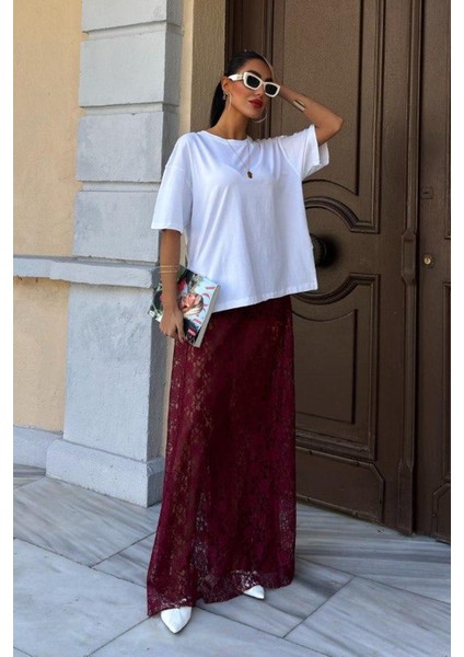 Crimson Grace Kadın Bordo Dantel Maxi Etek – Şık Yazlık Tasarım
