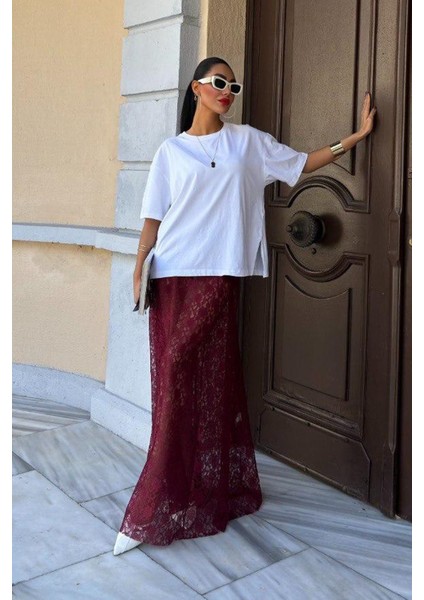 Crimson Grace Kadın Bordo Dantel Maxi Etek – Şık Yazlık Tasarım fiyatları
