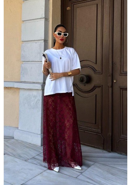Crimson Grace Kadın Bordo Dantel Maxi Etek – Şık Yazlık Tasarım modelleri