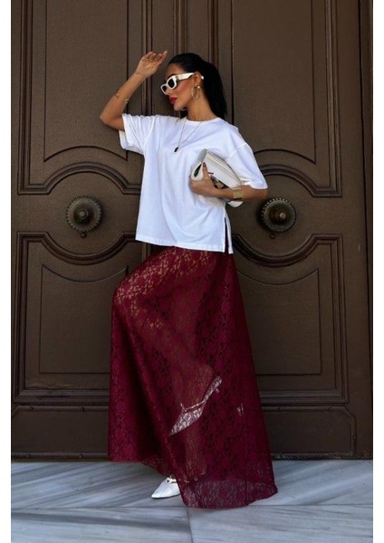 Crimson Grace Kadın Bordo Dantel Maxi Etek – Şık Yazlık Tasarım fırsatları