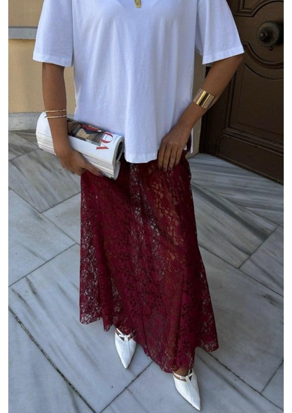 Crimson Grace Kadın Bordo Dantel Maxi Etek – Şık Yazlık Tasarım indirimleri