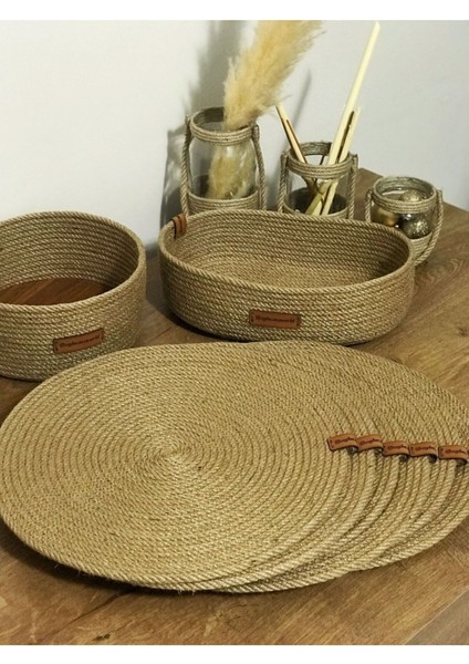 Doğal Hasır Sepet ve Servis Takımı, 6 Kişilik, Haki Renkli, Şık ve Hafif Tasarım