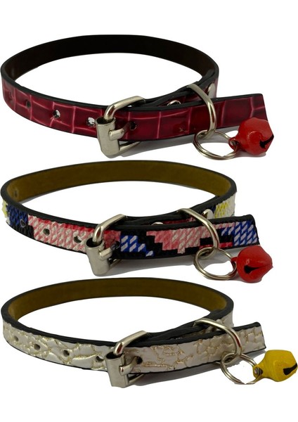 3'lü Set Zilli Deri Kedi Tasması 30 cm