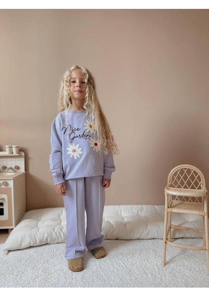 Çiçek Aplike Desenli Uzun Kollu Kız Çocuk Alt Üst Takım