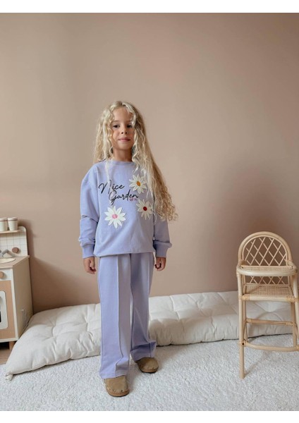 Çiçek Aplike Desenli Uzun Kollu Kız Çocuk Alt Üst Takım modelleri
