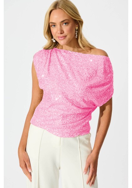 Kadın Pink Payet Damla Omuz Bluz